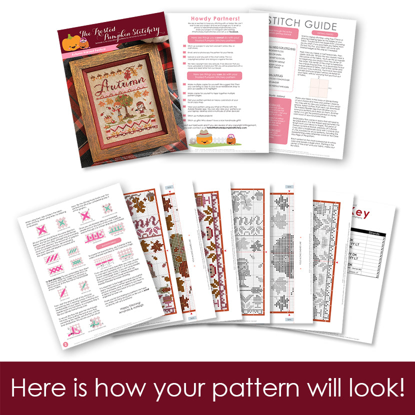 Graphic of how your cross stitch pattern will look. The pages are fanned out.