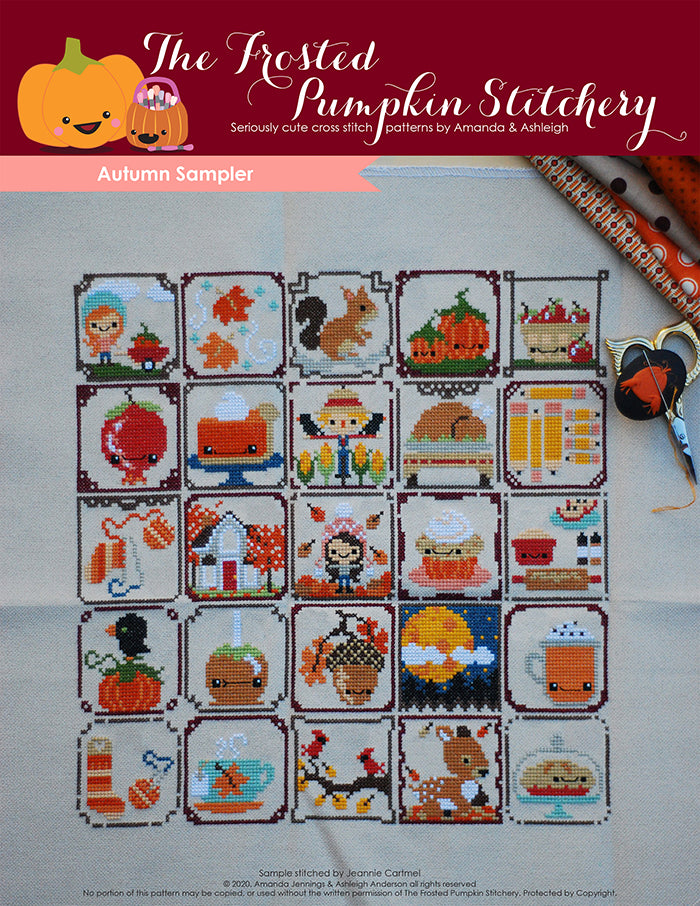 Autumn Sampler counted cross stitch pattern. Twenty-five squares each with an autumn motif. Examples would be a candy apple, a fawn, a pumpkin spice cupcake.