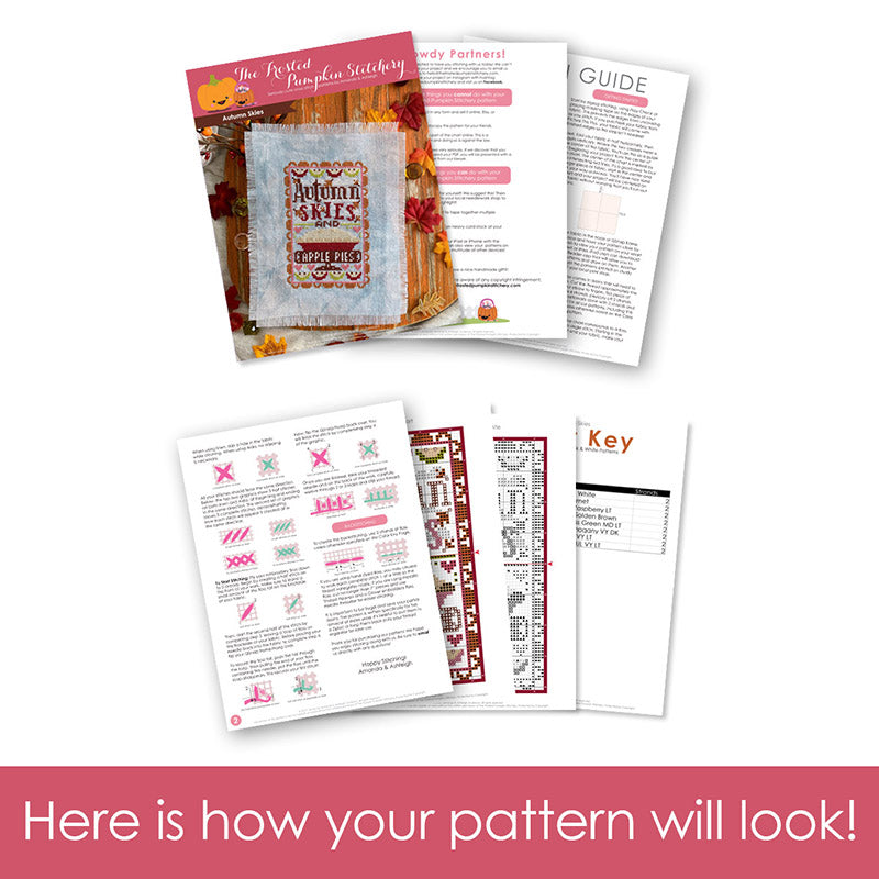 Graphic of how your cross stitch pattern will look. The pages are fanned out.