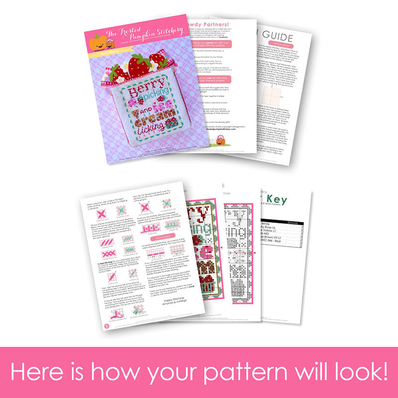 Graphic of how your cross stitch pattern will look. The pages are fanned out.