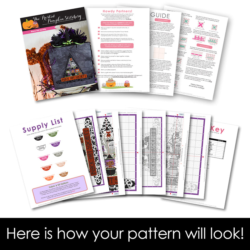 Graphic of how your cross stitch pattern will look. The pages are fanned out.