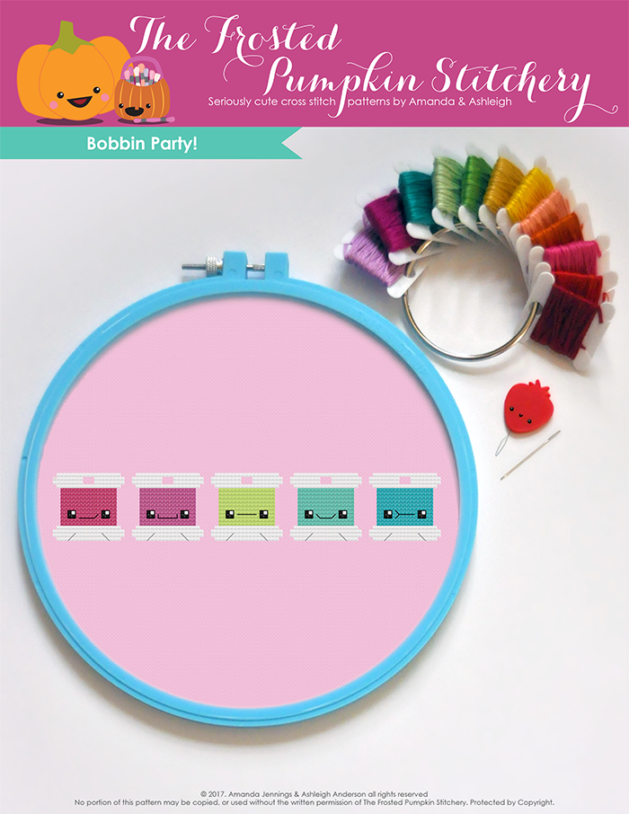 Image of Bobbin Party counted cross stitch pattern. Five little embroidery floss bobbins in a horizontal line with different expressions on their faces.