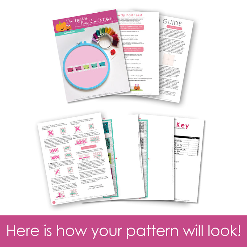 Graphic of how your cross stitch pattern will look. The pages are fanned out.