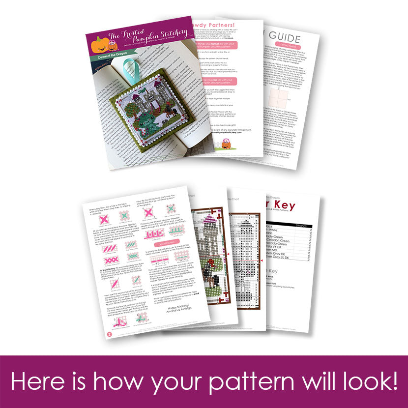 Graphic of how your cross stitch pattern will look. The pages are fanned out.