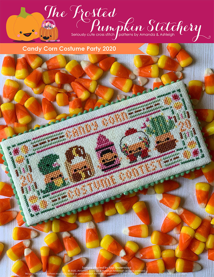 Image of Candy Corn Costume Party 2020 counted cross stitch pattern. Five little candy corns are in costumes. From left to right they are dressed as a t-rex, hot dog, pink crayon, gum ball machine and cactus. 