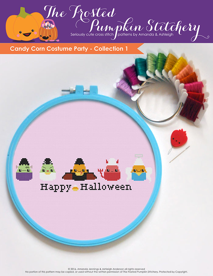 Image of Candy Corn Costume Party Collection One counted cross stitch pattern. Five candy corn in a horizontal line dressed as Frankenstein, the Bride of Frankenstein, Dracula, a devil and an angel. Bottom text reads Happy Halloween.