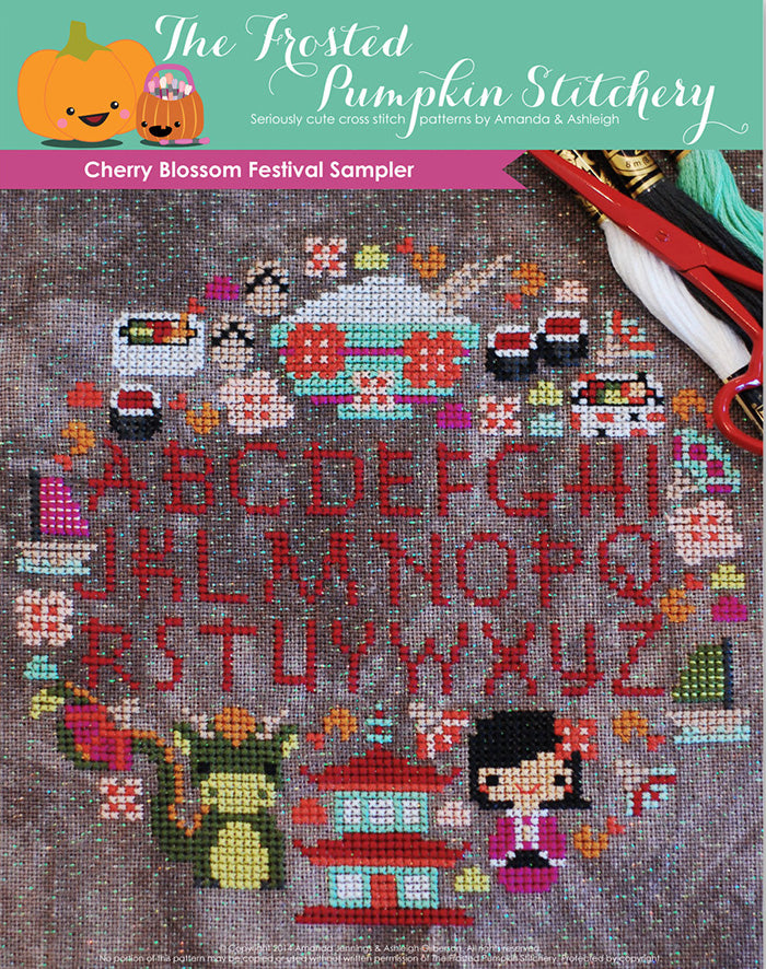 Image of Cherry Blossom Festival counted cross stitch pattern. Pattern features an alphabet surrounded by rice, sushi, dragon, fans and a pagoda.