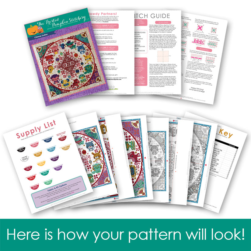 Graphic of how your cross stitch pattern will look. The pages are fanned out.