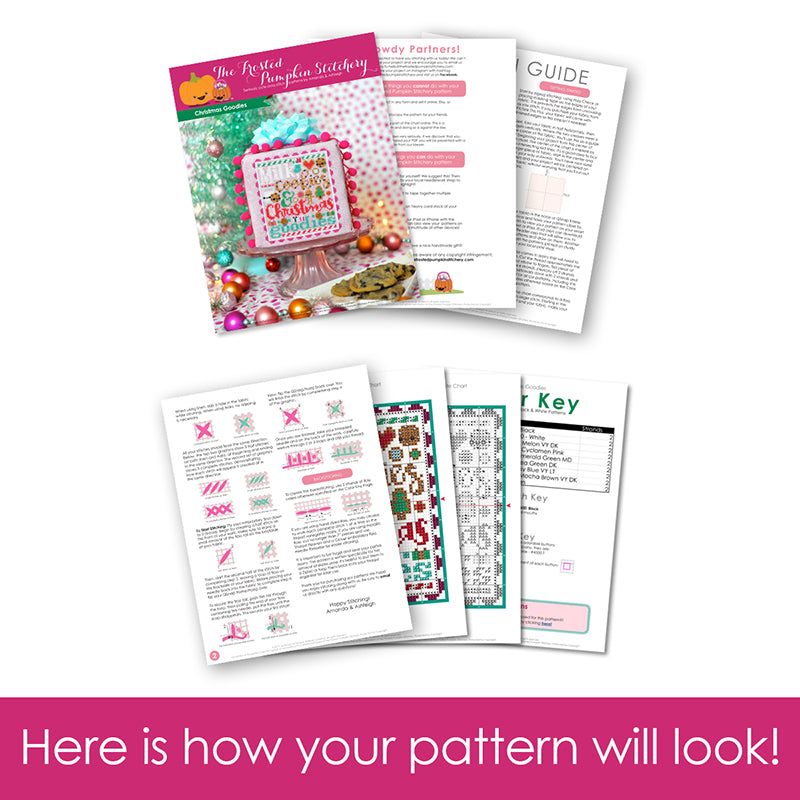 Graphic of how your cross stitch pattern will look. The pages are fanned out.