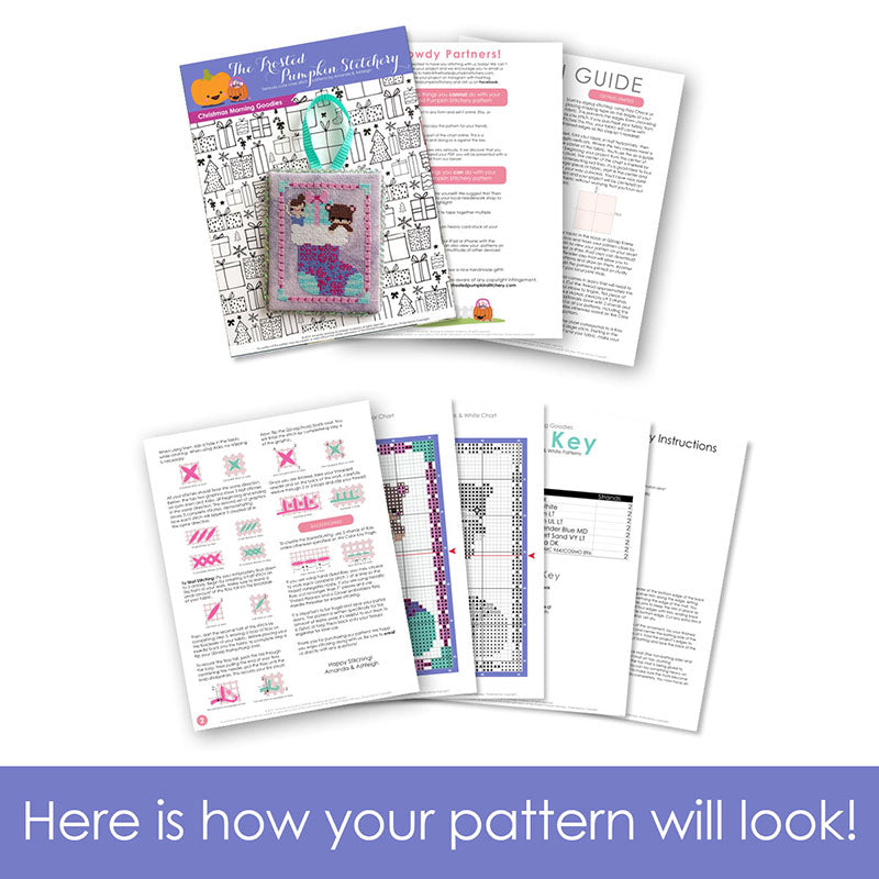 Graphic of how your cross stitch pattern will look. The pages are fanned out.
