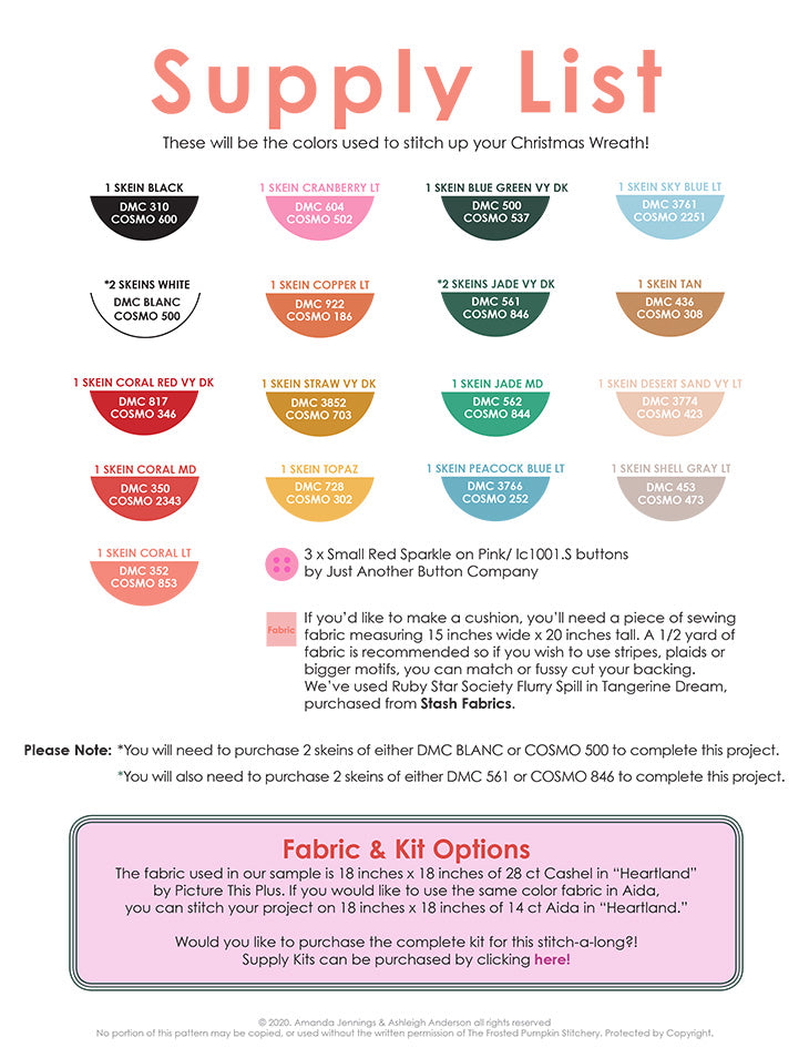 Supply list for the Christmas Wreath Club cross stitch pattern.