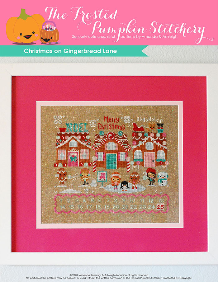 Christmas on Gingerbread Lane counted cross stitch pattern. A pattern with three gingerbread houses, numbers one through twenty on the bottom border.