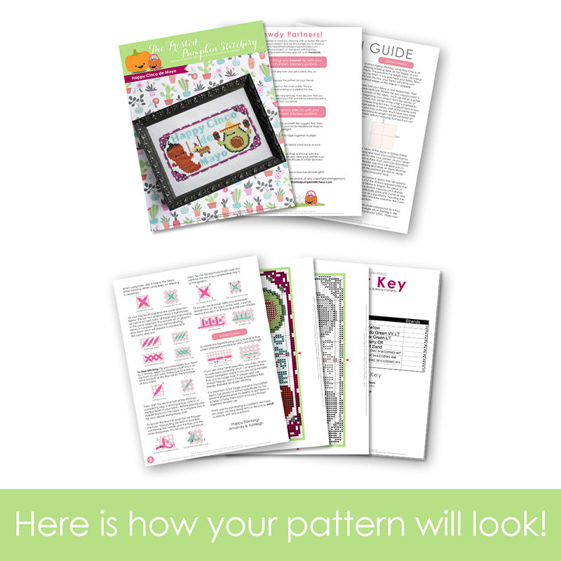 Graphic of how your cross stitch pattern will look. The pages are fanned out.