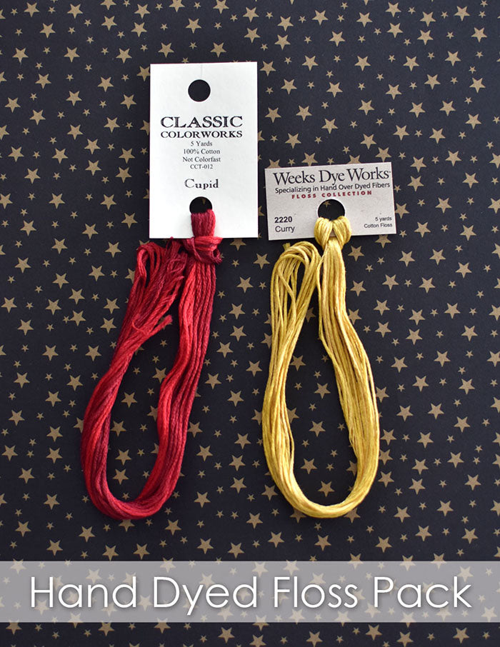 Hand-dyed embroidery floss pack with Classic Colorworks and Weeks Dye Works threads in Cupid (red) and Curry (yellow).