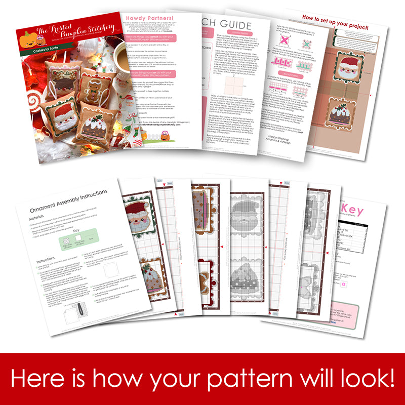 Graphic of how your cross stitch pattern will look. The pages are fanned out.
