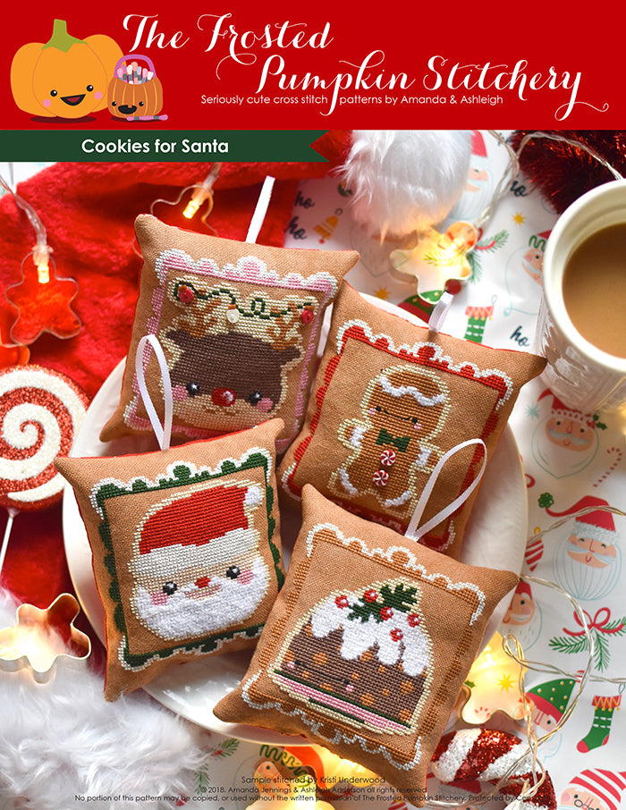 Cookies for Santa counted cross stitch pattern. Four gingerbread cookie inspired Christmas ornaments stitched on gingerbread colored fabric and turned into ornaments. Ornaments are Rudolph, Gingerbreadman, Figgy Pudding and Santa. 