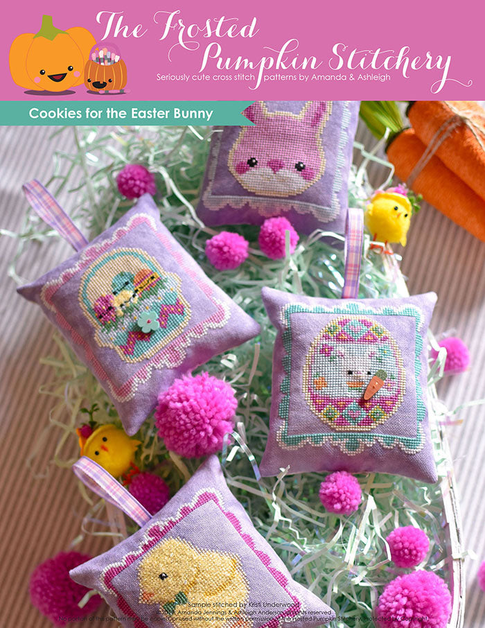 Cookies for the Easter Bunny counted cross stitch pattern. Four chubby cross stitch patterns finished as pillows stitched on purple fabric. A pink bunny, a basket of Easter eggs, an Easter egg with a bunny and a fuzzy chick.