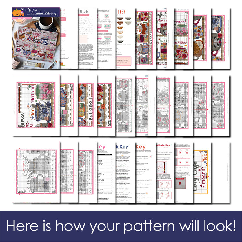 Cozy Cafe Cross Stitch Pattern. Graphic shows 30 pages of the Cozy Cafe pattern fanned out.