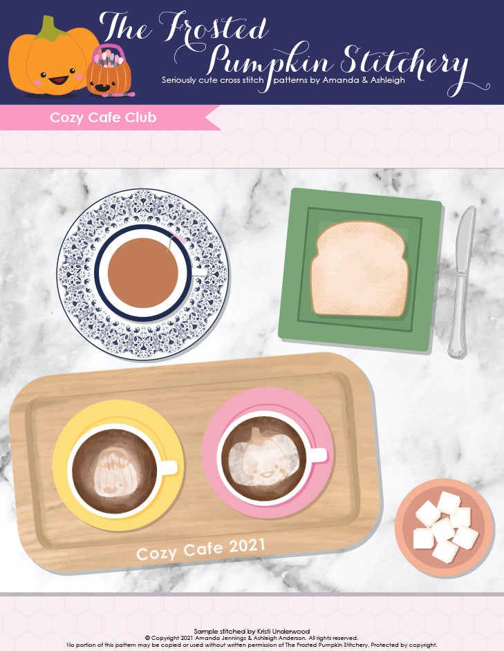 Cozy Cafe Club cross stitch pattern cover. An illustration of a lay lay with a tea cup, latte cups, toast and sugar cubes.