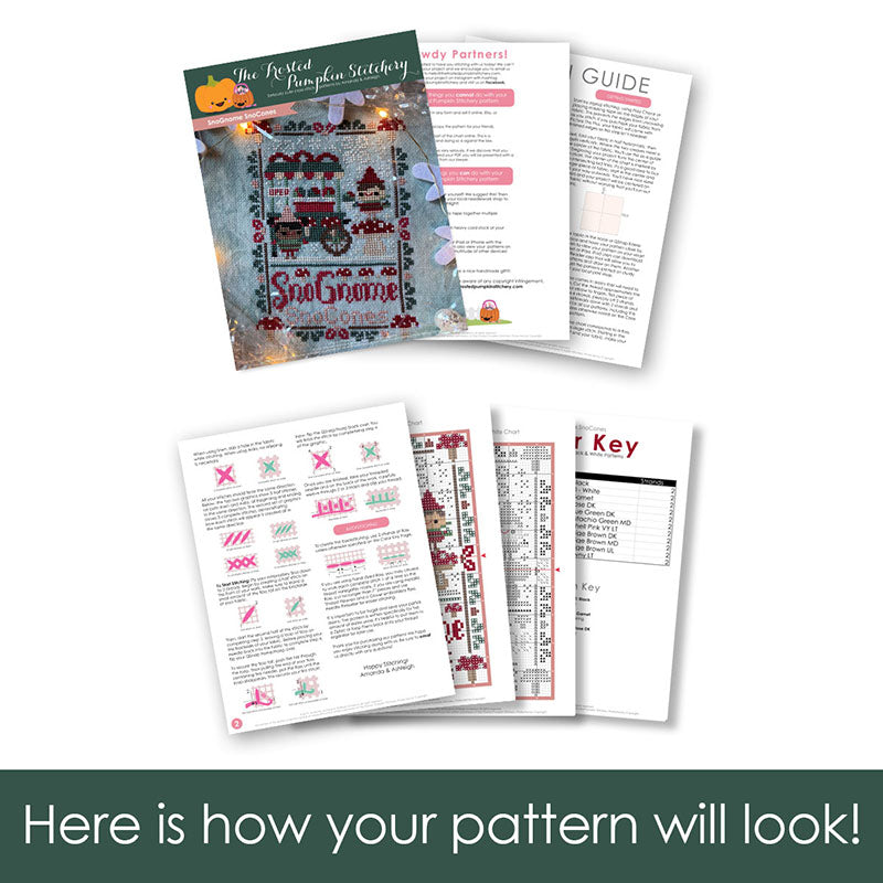 Graphic of how your cross stitch pattern will look. The pages are fanned out.