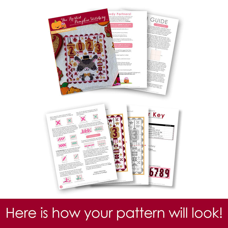 Graphic of how your cross stitch pattern will look. The pages are fanned out.