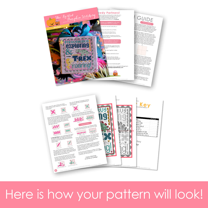 Graphic of how your cross stitch pattern will look. The pages are fanned out.