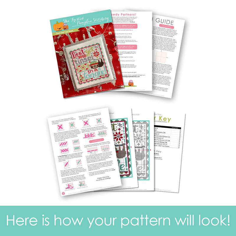 Graphic of how your cross stitch pattern will look. The pages are fanned out.