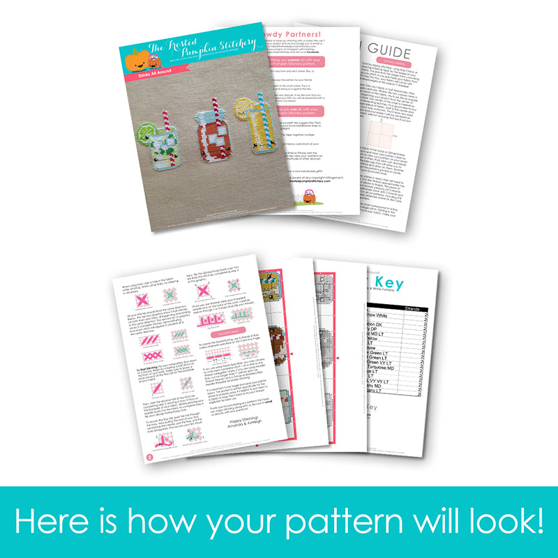 Graphic of how your cross stitch pattern will look. The pages are fanned out.