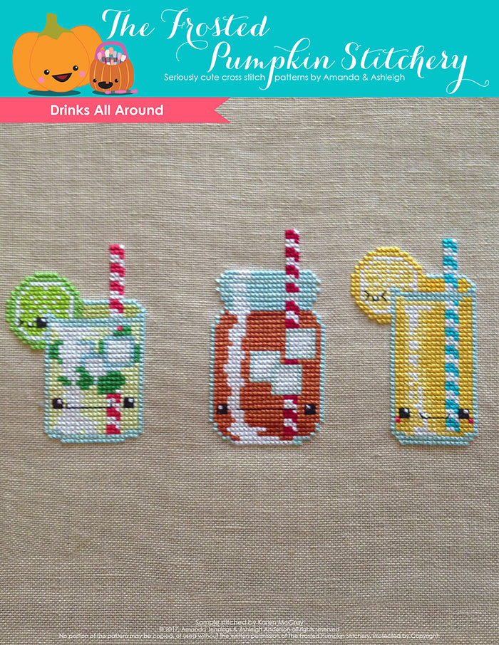 Drinks All Around Counted Cross Stitch Pattern. A mint mojito, an iced tea and a glass of lemonade.
