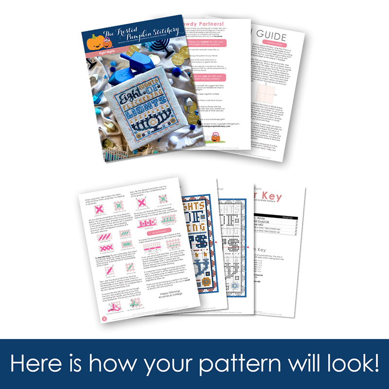 Graphic of how your cross stitch pattern will look. The pages are fanned out.