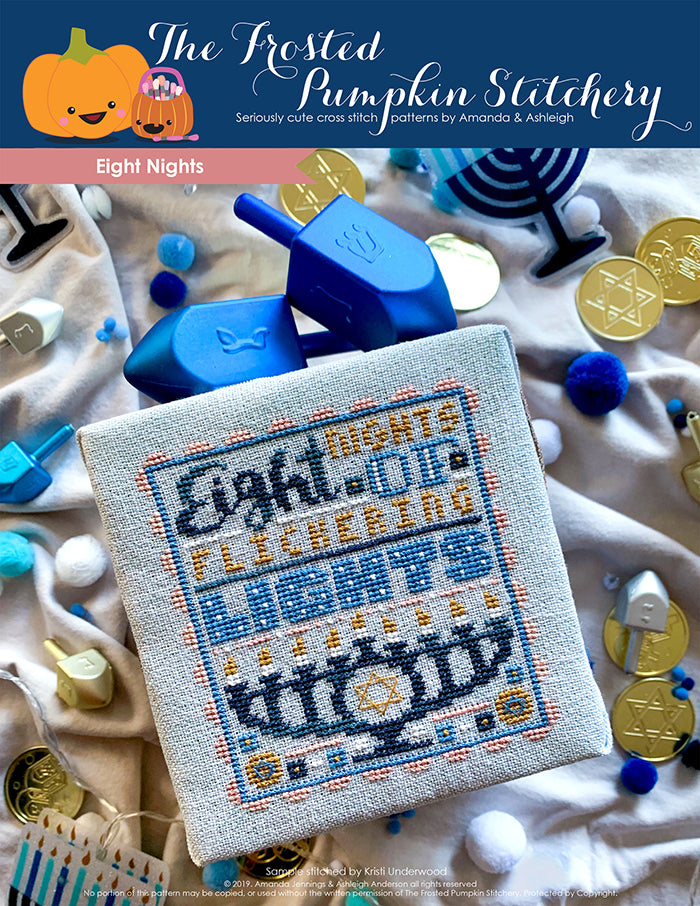 Eight Nights Counted Cross Stitch Pattern. Text reads "Eight nights of flickering lights" with a menorah. 