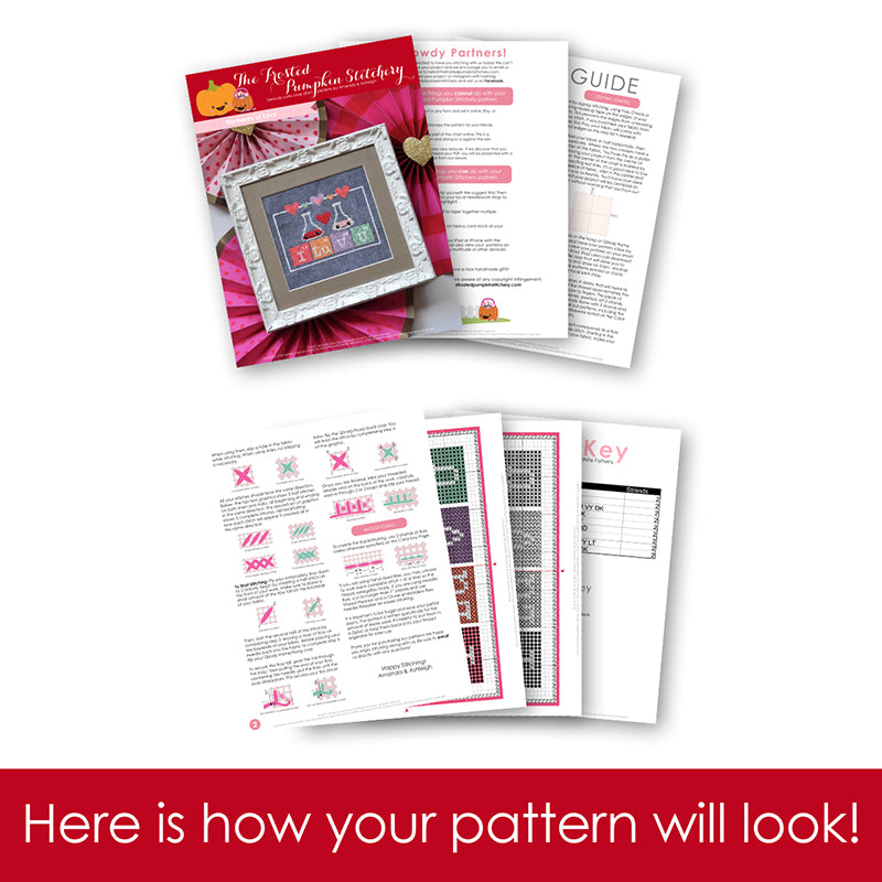 Graphic of how your cross stitch pattern will look. The pages are fanned out.