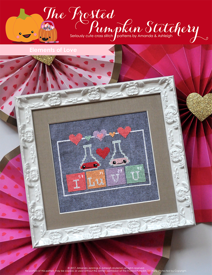Elements of Love counted cross stitch pattern. Periodic elements spell out "I Lu V U".