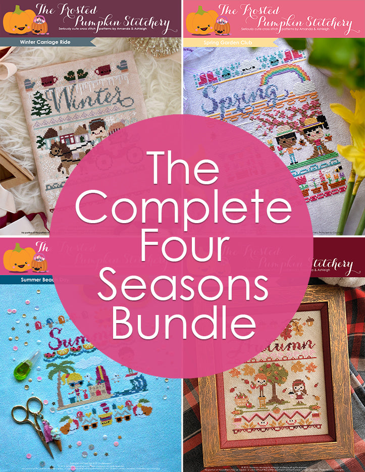 The Complete Four Seasons Cross Stitch Pattern Bundle. Image shows the covers of Winter Carriage Ride, Spring Garden Club, Summer Beach Day and Autumn Harvest Festival.