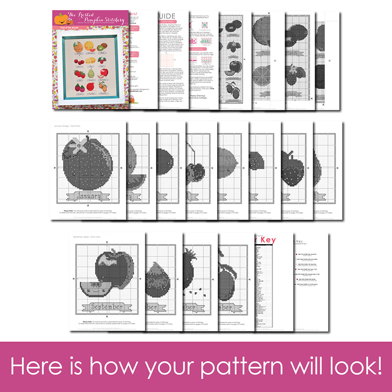 Graphic of how your cross stitch pattern will look. The pages are fanned out.
