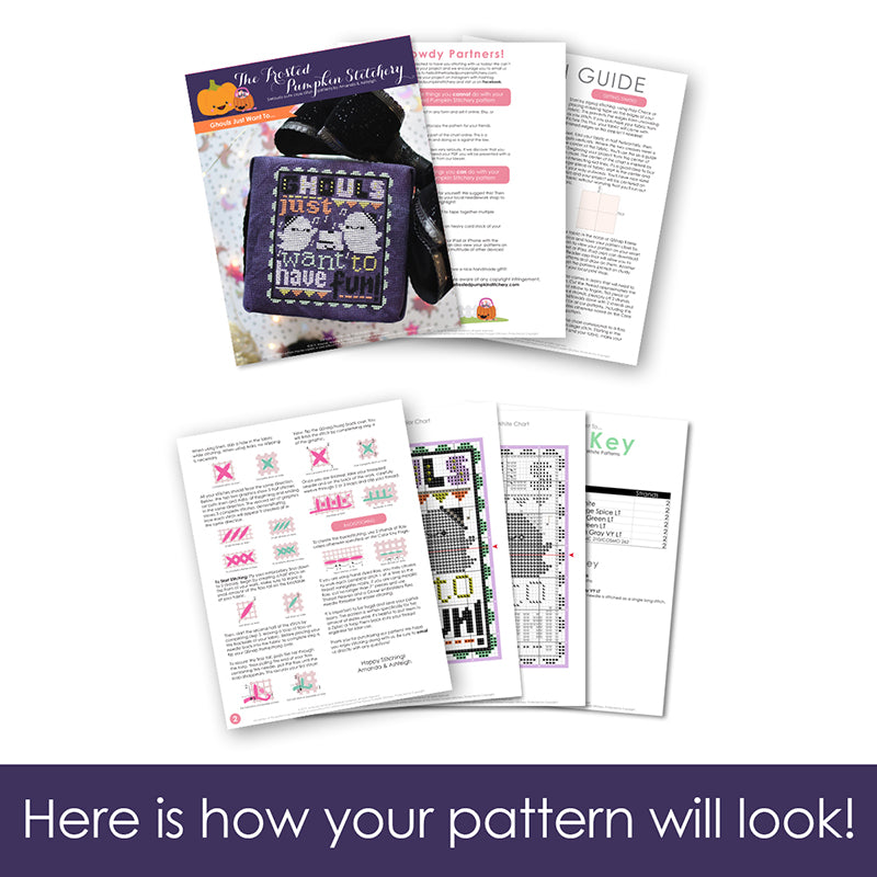 Graphic of how your cross stitch pattern will look. The pages are fanned out.