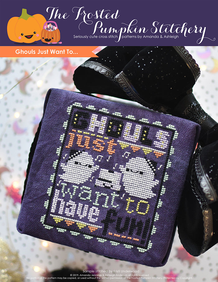 Ghouls Just Want to Have Fun Halloween Counted Cross Stitch pattern. Two ghosts listening to a record player surrounded by musical notes. Text reads "Ghouls Just Want To Have Fun".