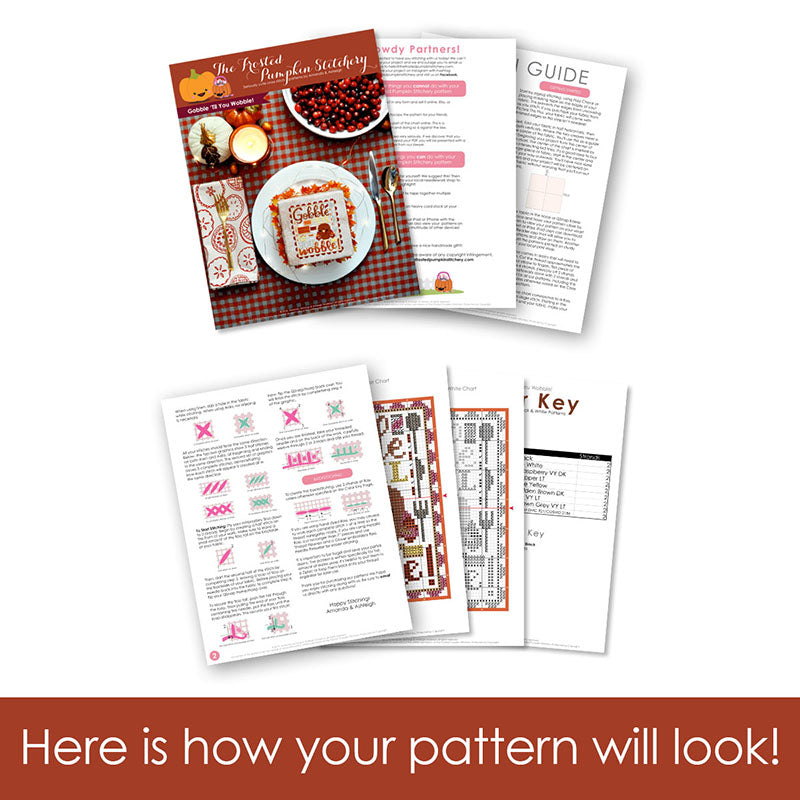 Graphic of how your cross stitch pattern will look. The pages are fanned out.