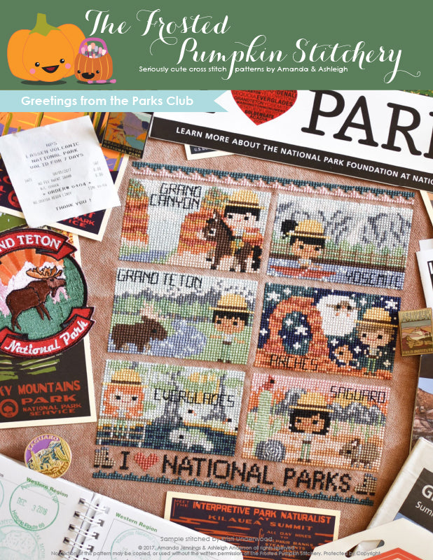 Greetings from the Parks Club Counted Cross Stitch Pattern. A cross stitch pattern featuring post cards from National Parks. The Grand Canyon, Yosemite, Grand Teton, Arches, Everglades and Saguaro are the Parks in the pattern. Each postcard has a ranger. 
