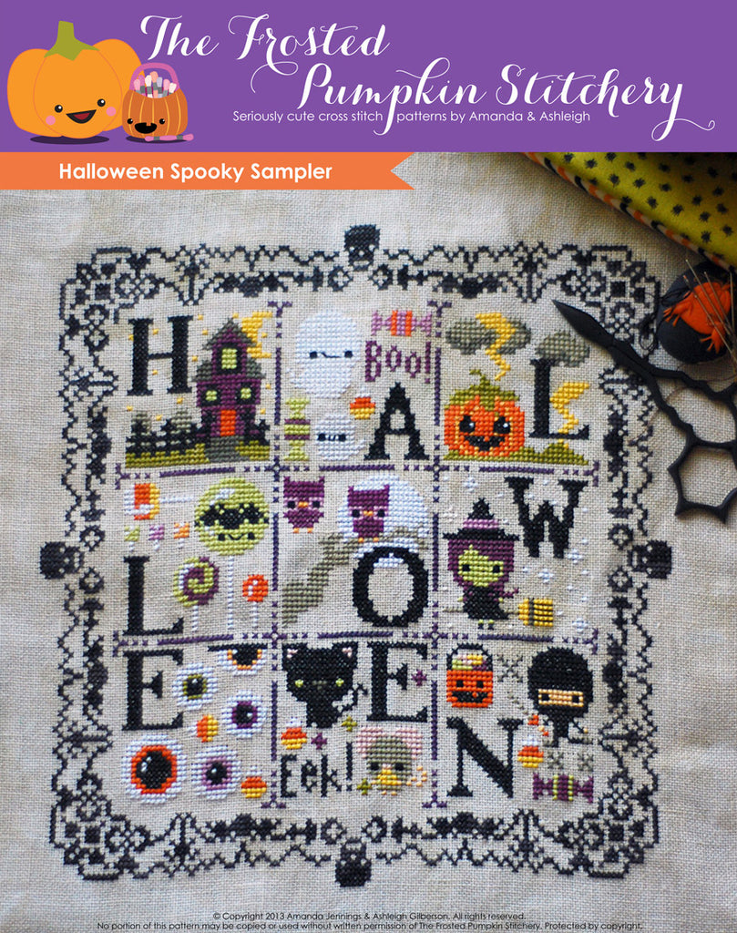Halloween Spooky Sampler counted cross stitch pattern. Lace border with skulls that spells out Halloween.