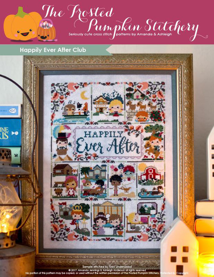 Happily Ever After counted cross stitch pattern. A framed cross stitch pattern with twelve characters from stories. Text reads "Happily Ever After".