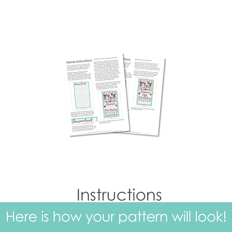 Graphic of how your cross stitch pattern will look. The pages are fanned out.