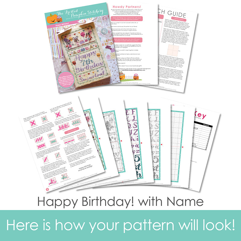 Graphic of how your cross stitch pattern will look. The pages are fanned out.