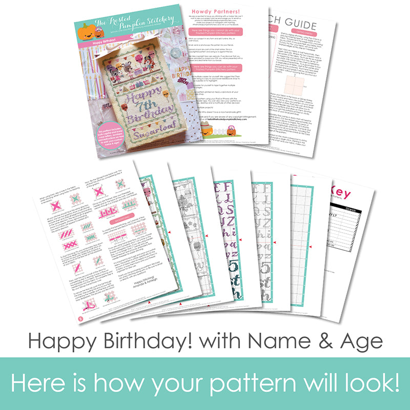 Graphic of how your cross stitch pattern will look. The pages are fanned out.
