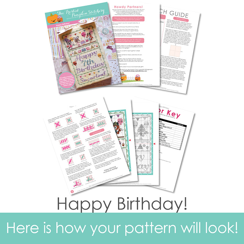 Graphic of how your cross stitch pattern will look. The pages are fanned out.