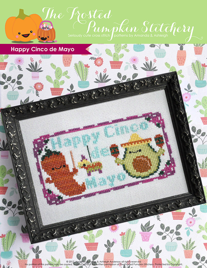 Happy Cinco de Mayo counted cross stitch pattern. A chili pepper and an avocado with maracas. The text reads "Happy Cinco de Mayo". 