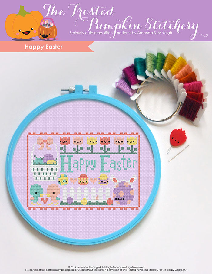 Happy Easter counted cross stitch pattern. Text reads "Happy Easter".
