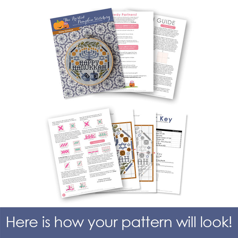 Graphic of how your cross stitch pattern will look. The pages are fanned out.