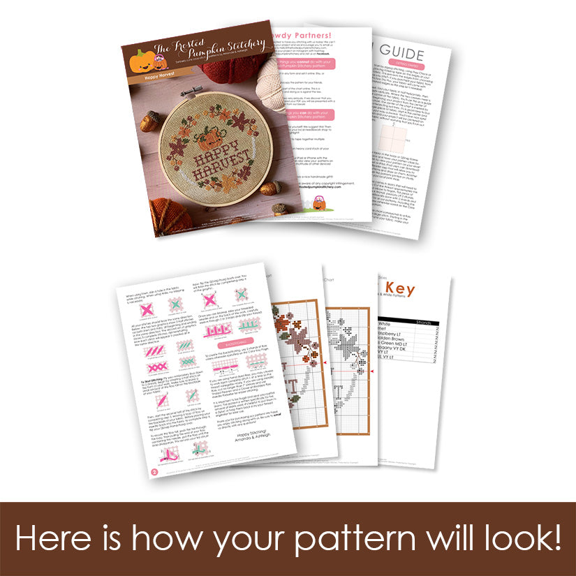Graphic of how your cross stitch pattern will look. The pages are fanned out.