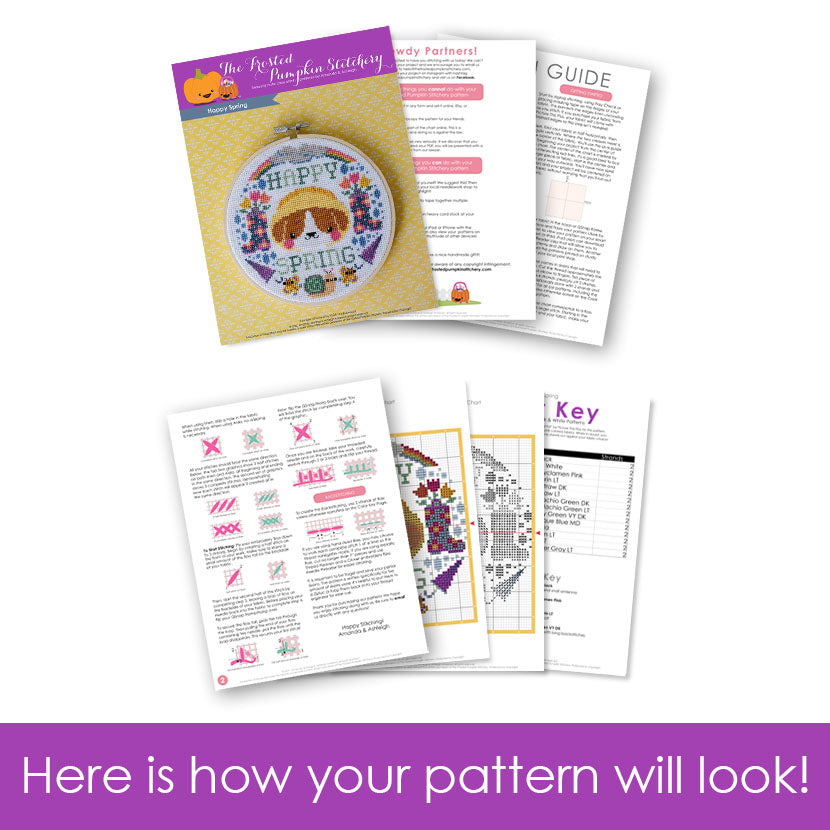 Graphic of how your Happy Spring cross stitch pattern will look. The pages are fanned out.